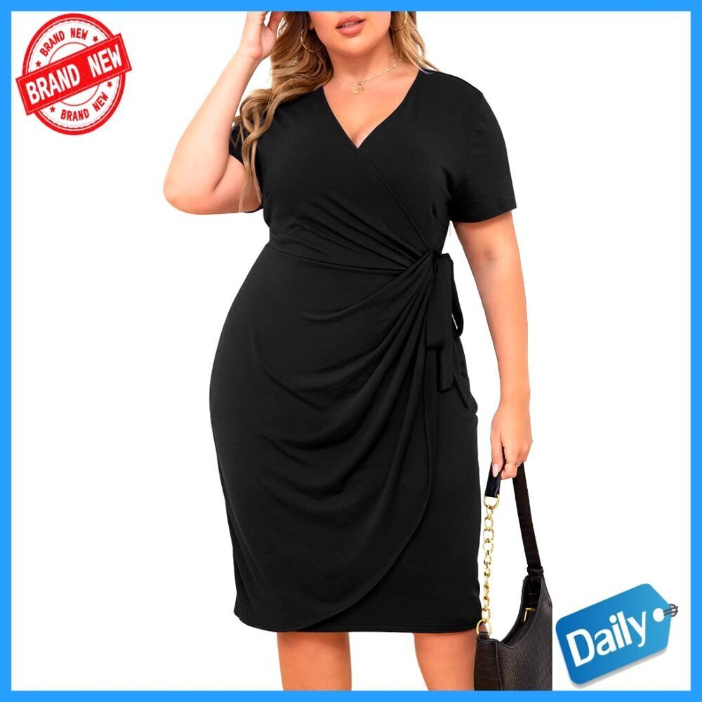Plus Size Wrap Bodycon Dress Midi Length Pleated Summer Casual Elegant
